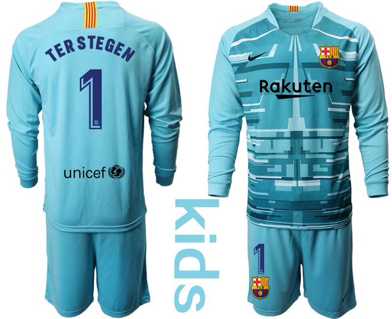 Youth 2019-2020 club Barcelona lake blue long sleeve goalkeeper #1 Soccer Jerseys